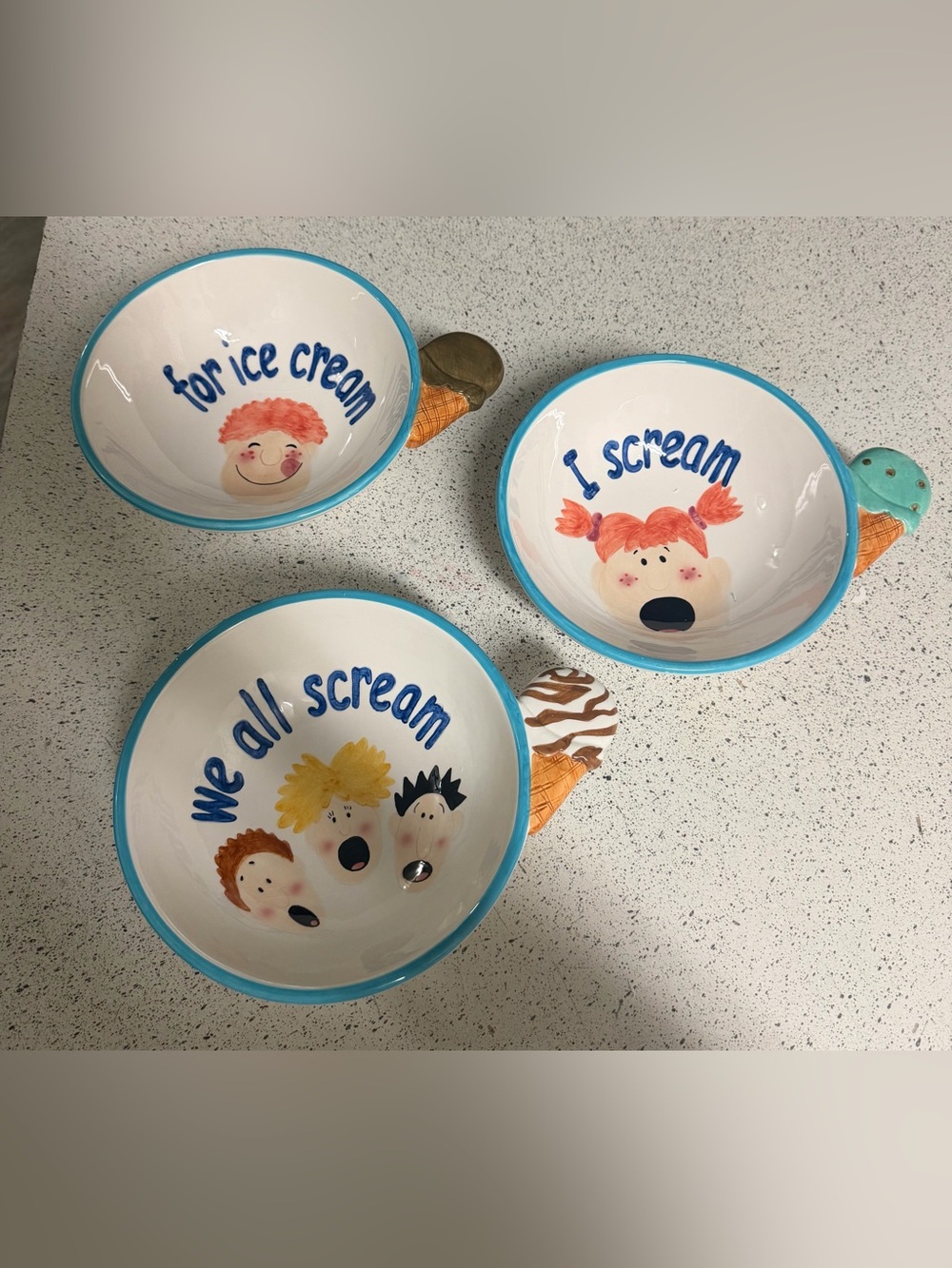 Set Of 3 Vtg Lotus 2000 “I Scream” Bowls W/Ice Cream Cone Handles Ceramic